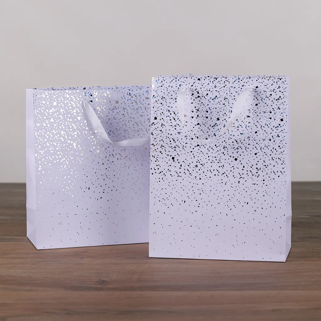 Sac cadeau pelliculé Terrazzo blanc / or / argent irisé 36 + 13 x H 30 cm - Paquet de 20 - Sacs pelliculés à motifs-3