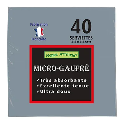 Serviette ouate micro-gaufrée 2 plis 38 x 38 cm - Serviette jetable - Serviette de table papier - Gris - Paquet de 40 - Serviettes jetables, Serviettes cocktails