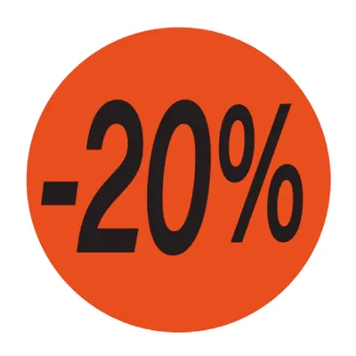 Pastille adhésive promo '-20%' rond ø 36 mm, Orange fluo - Sticker promo - Lot de 500 - Pastilles Soldes, Stickers promotionnels