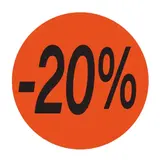 Pastille adhésive promo '-20%' rond ø 36 mm, Orange fluo - Sticker promo - Lot de 500 - Étiquettes adhésives Soldes, Étiquettes promotionnelles