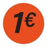 Pastille adhésive '1€' rond ø 36 mm, Orange fluo - Sticker promo - Lot de 500 - Gommettes adhésives évènementielles