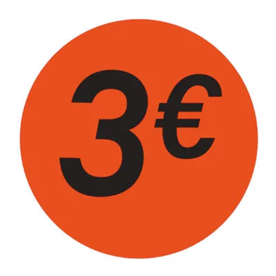 Pastille adhésive '3€' rond ø 36 mm, Orange fluo - Sticker promo - Lot de 500 - Étiquettes adhésives Soldes, Étiquettes promotionnelles