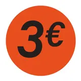 Pastille adhésive '3€' rond ø 36 mm, Orange fluo - Sticker promo - Lot de 500 - Étiquettes adhésives Soldes, Étiquettes promotionnelles