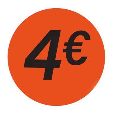 Pastille adhésive '4€' rond ø 36 mm, Orange fluo - Sticker promo - Lot de 500 - Étiquettes adhésives Soldes, Étiquettes promotionnelles