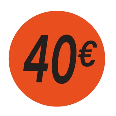 Pastille adhésive '40€' rond ø 36 mm, Orange fluo - Sticker promo - Lot de 500 - Pastilles Soldes, Stickers promotionnels