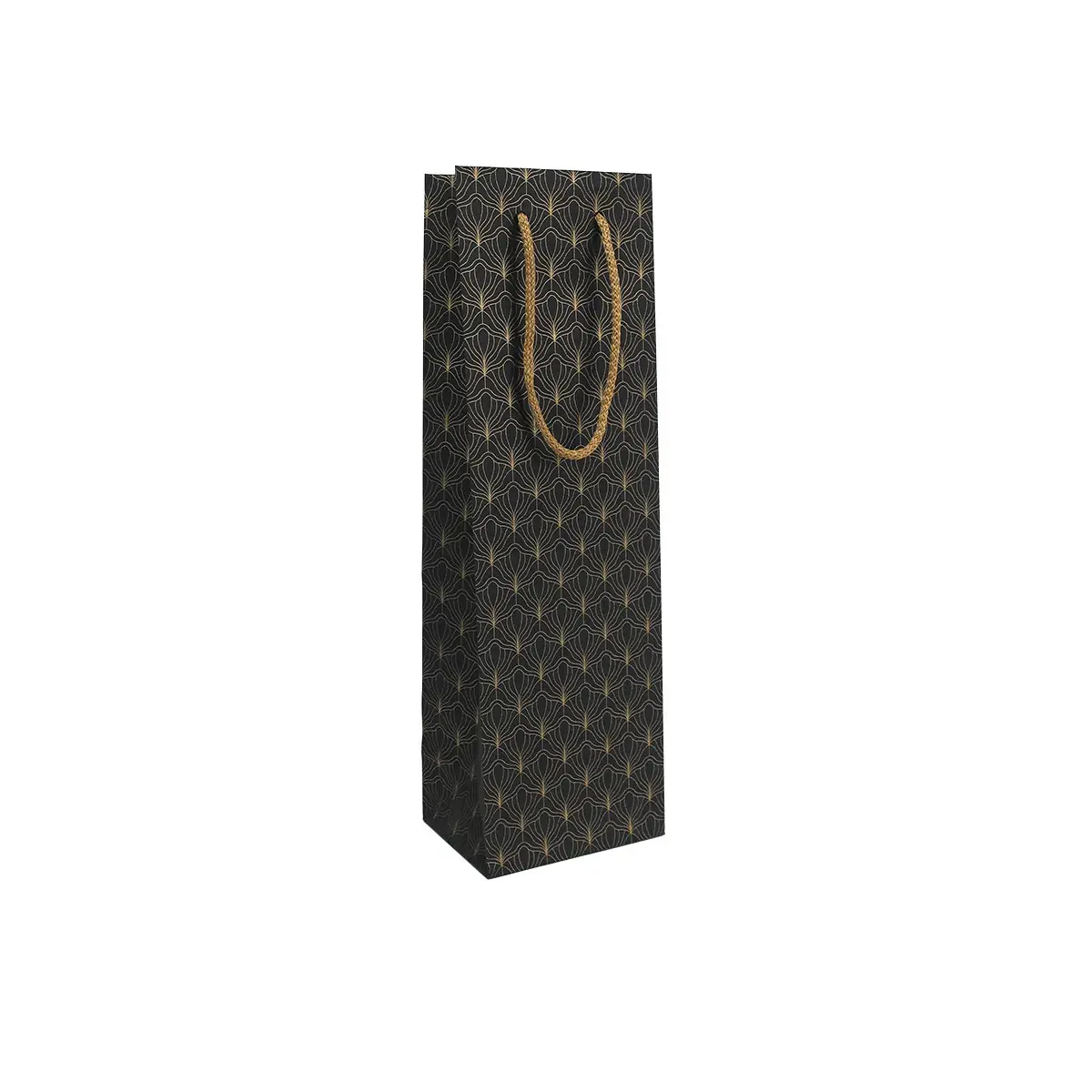 Sac bouteille papier cartonné noir / or Art Déco poignées cordelières 12 x 9 x 39 cm - Sac cadeau bouteille - 1 bouteille - Paquet de 12 - Sacs bouteilles