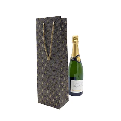 Sac bouteille papier cartonné noir / or Art Déco poignées cordelières 12 x 9 x 39 cm - Sac cadeau bouteille - 1 bouteille - Paquet de 12 - Sacs bouteilles-2
