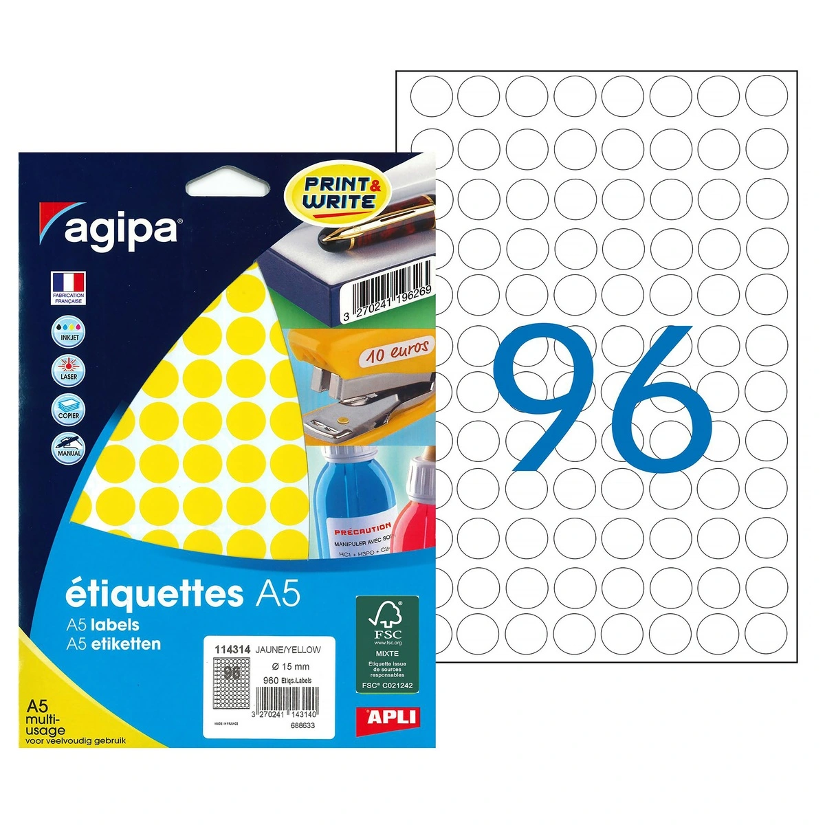 Pastille adhésive permanente Jaune ø 15 mm Agipa - Pastille de signalisation - Étui de 960 - Gommettes de couleur-2