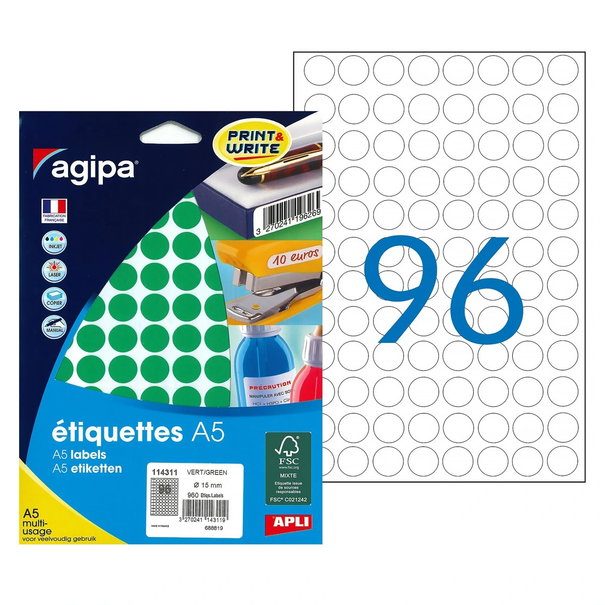 Pastille adhésive permanente Verte ø 15 mm Agipa - Pastille de signalisation - Étui de 960 - Gommettes de couleur-2