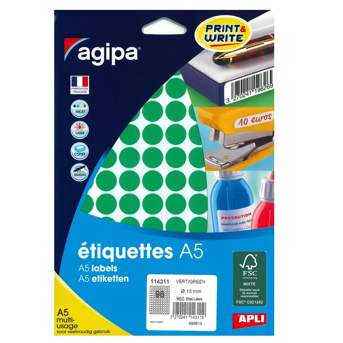 Pastille adhésive permanente Verte ø 15 mm Agipa - Pastille de signalisation - Étui de 960 - Gommettes de couleur