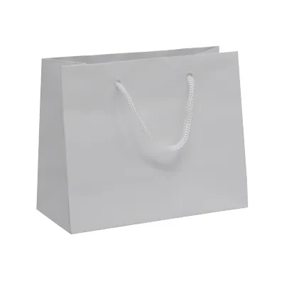 Sac pelliculé blanc mat poignées cordelette 13,7 x 6,2 x 11 cm 157g – Paquet de 20 - Sacs pelliculés poignées cordelette