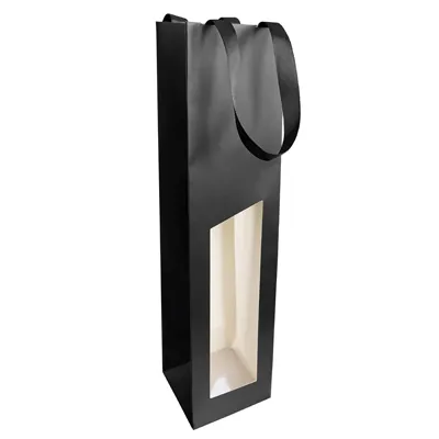 Sac bouteille papier noir avec fenêtre et poignées coton Séduction 9,5 x 9,1 x 38,5 cm - 1 bouteille - Paquet de 10 - Sacs bouteilles