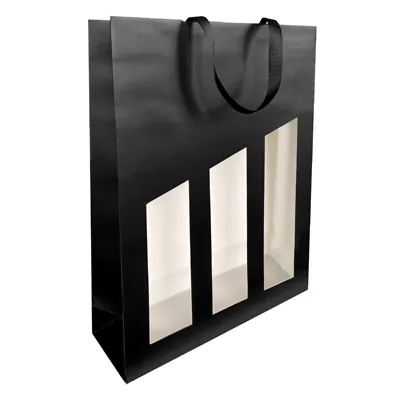 Sac bouteille papier noir avec fenêtre et poignées coton Séduction 28,5 x 9,5 x 38,5 cm - 3 bouteilles - Paquet de 10 - Sacs bouteilles