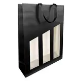 Sac bouteille papier noir avec fenêtre et poignées coton Séduction 28,5 x 9,5 x 38,5 cm - 3 bouteilles - Paquet de 10 - Sacs bouteilles