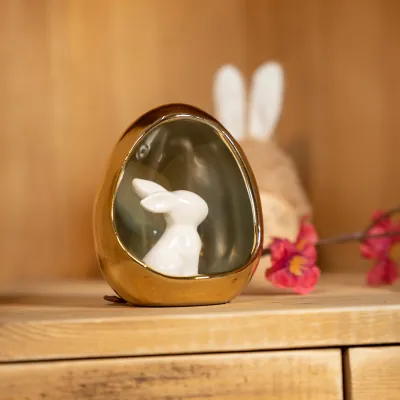 Lapin blanc céramique dans oeuf métal or 9 x 8,5 x 10,3 cm - Déco de Pâques - Accessoires et Objets déco-3