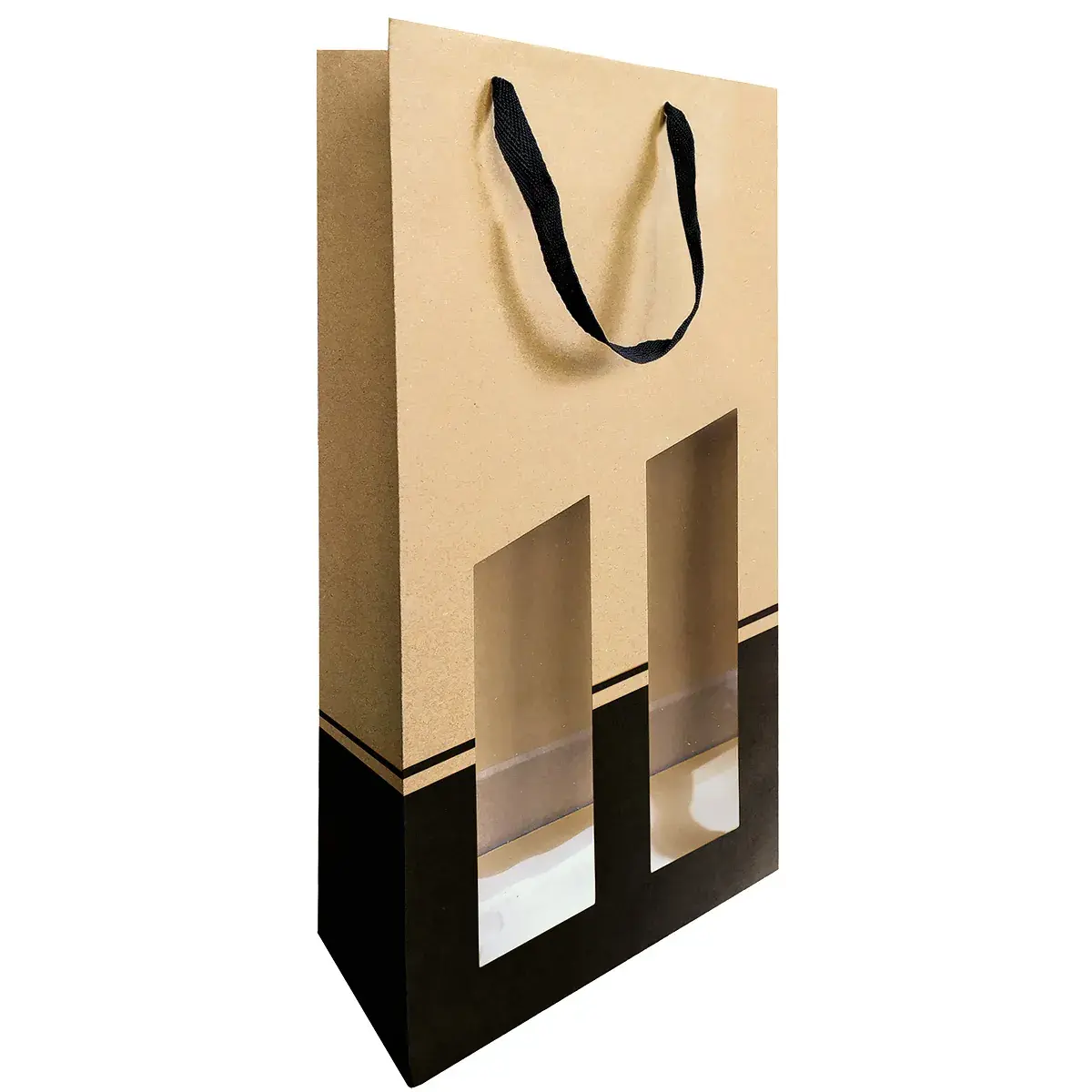 Sac bouteille kraft brun / noir avec fenêtre et poignées coton Séduction Line 19 x 9,5 x 38,5 cm - 2 bouteilles - Paquet de 10 - Sacs bouteilles