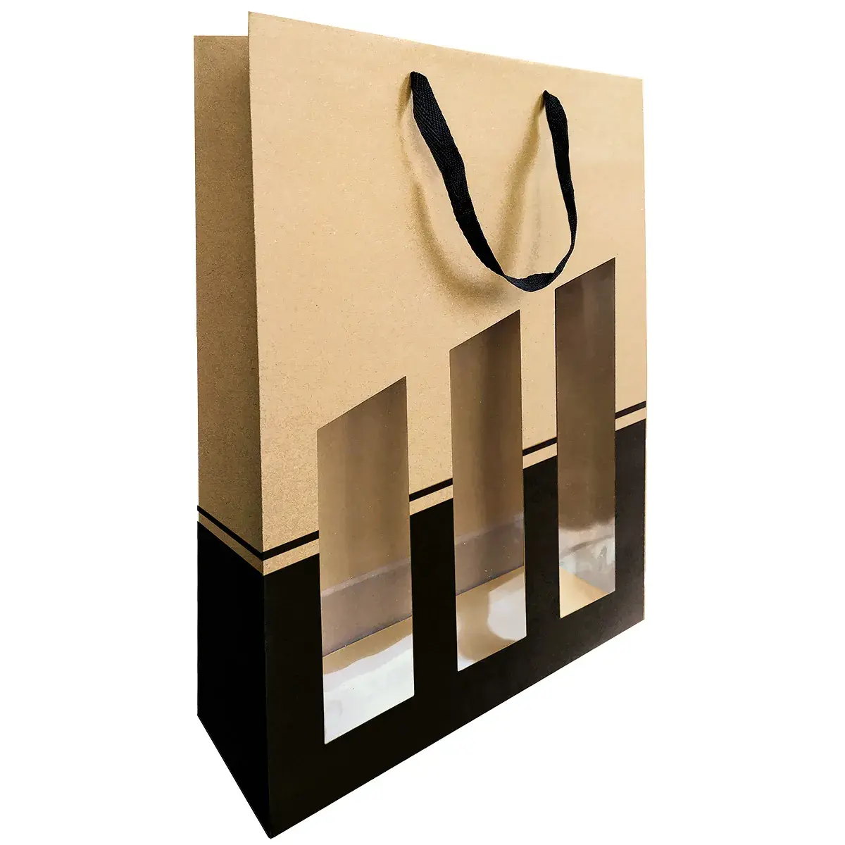 Sac bouteille kraft brun / noir avec fenêtre et poignées coton Séduction Line 28,5 x 9,5 x 38,5 cm - 3 bouteilles - Paquet de 10 - Sacs bouteilles