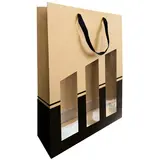 Sac bouteille kraft brun / noir avec fenêtre et poignées coton Séduction Line 28,5 x 9,5 x 38,5 cm - 3 bouteilles - Paquet de 10