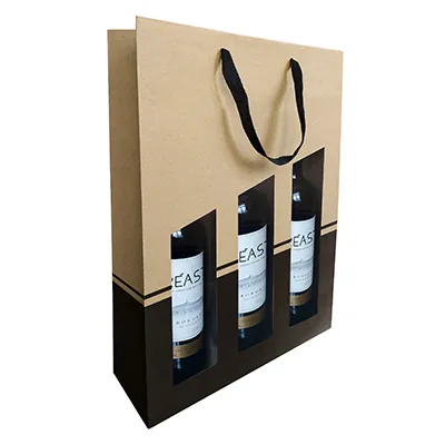 Sac bouteille kraft brun / noir avec fenêtre et poignées coton Séduction Line 28,5 x 9,5 x 38,5 cm - 3 bouteilles - Paquet de 10 - Sacs bouteilles-2