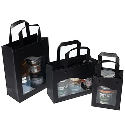 Sac kraft à fenêtre Delicatessen noir 18+8 x H 23 cm poignées plates – Paquet de 10 - Sacs kraft à fenêtre-3