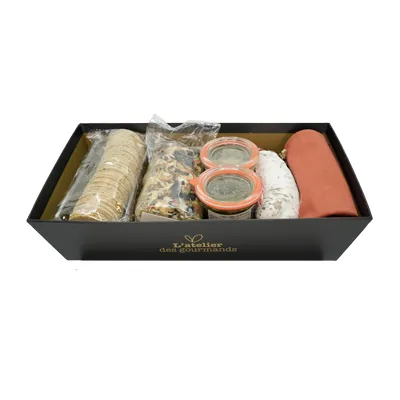 Corbeille carton carrée Épicerie fine 20 x 20 x 5 cm brun / noir, paquet de 10 - Corbeilles carton-2