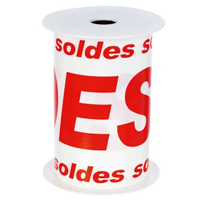 Banderole Soldes 15 cm x 10 m blanc/rouge plastique - Affichage Soldes - Banderoles soldes et déstockage