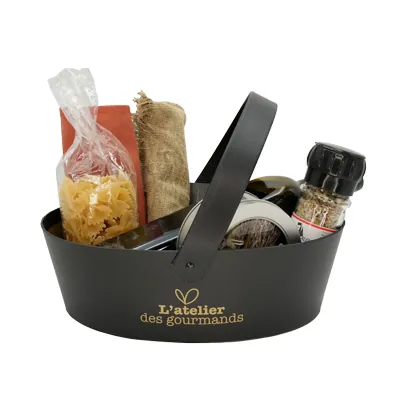 Corbeille carton ovale 1 anse Épicerie fine 26 x 19,3 x 8 cm noir / brun, paquet de 6 - Corbeilles carton-3