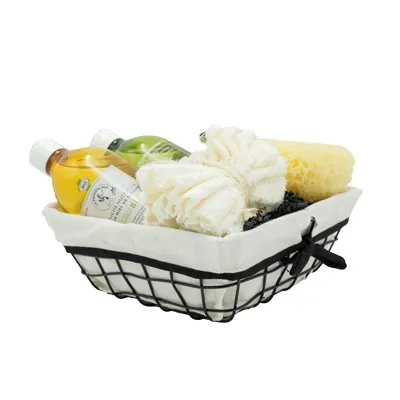 Corbeille métal carrée noire avec tissu blanc 22 x 22 x 9 cm - Corbeilles métal-2