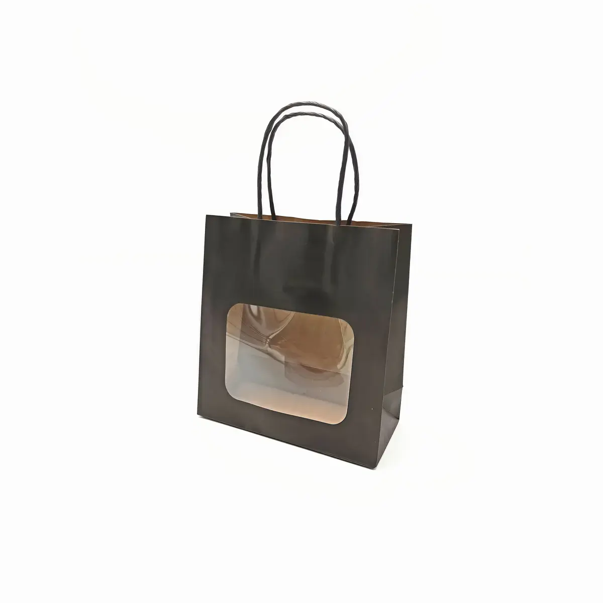 Sac kraft avec fenêtre et poignées torsadées, noir, 17,5 + 7,5 x 18,5 cm, paquet de 20 - Sacs kraft à fenêtre