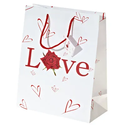 Sac cadeau papier pelliculé Love 26 x 12,7 x 32,4 cm - Sac Saint Valentin - Lot de 20 - Sacs pelliculés à motifs