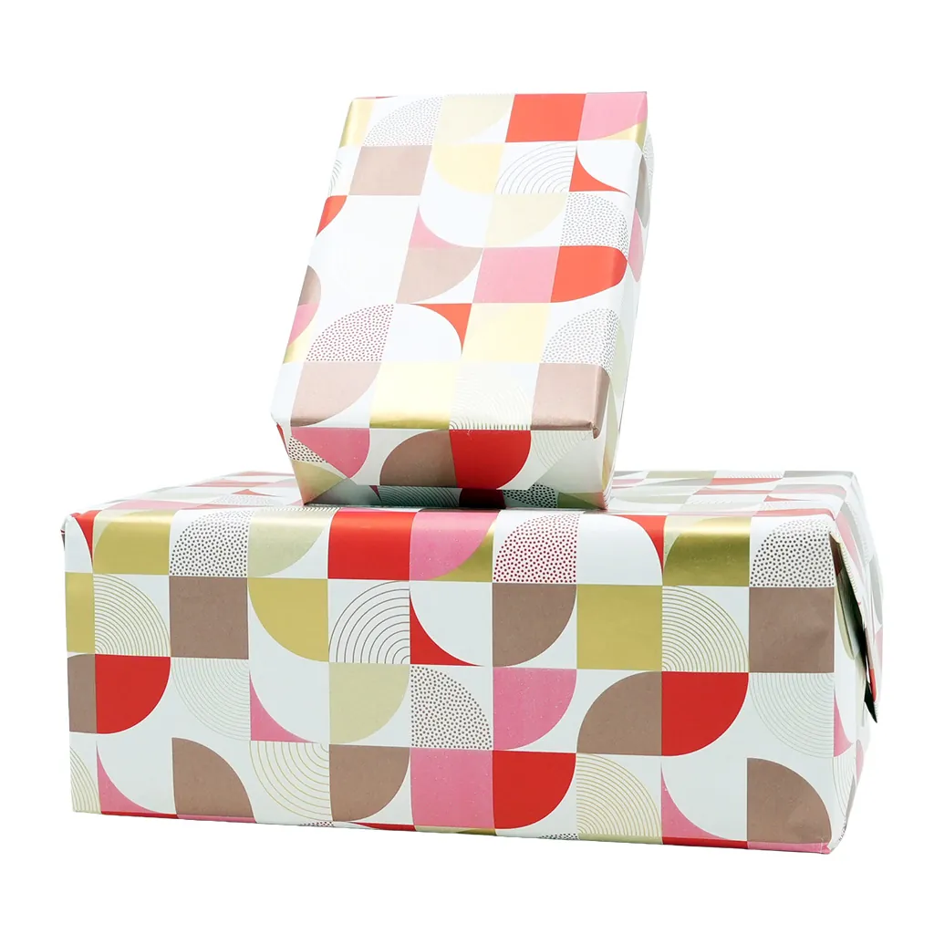 Papier cadeau patchwork seventies 70 cm x25 m 65g/m², brun / rouge / or / blanc - Papier cadeaux couchés à motifs-4