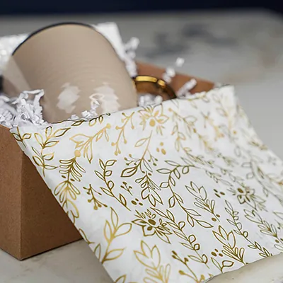 Papier de soie imprimé floral or / blanc 50x70cm 17g/m² – Paquet de 120 feuilles - Papiers de soie-3
