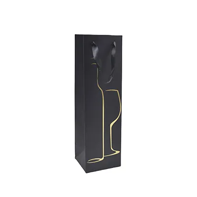 Sac bouteille papier cartonné noir / or poignées ruban satiné 10,5 x 10 x 36 cm  200g/m²– 1 bouteille - Paquet de 20 - Sacs bouteilles