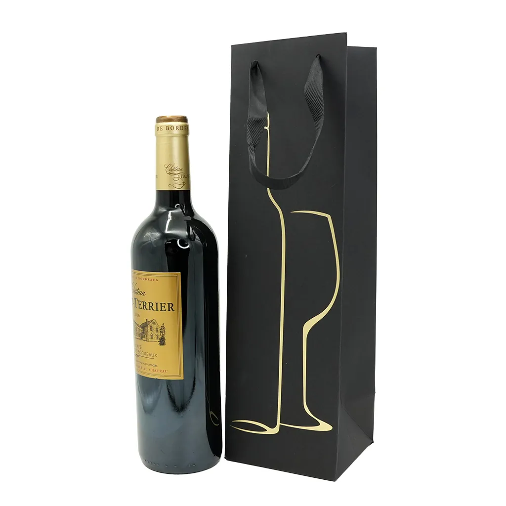 Sac bouteille papier cartonné noir / or poignées ruban satiné 10,5 x 10 x 36 cm  200g/m²– 1 bouteille - Paquet de 20 - Sacs bouteilles-3