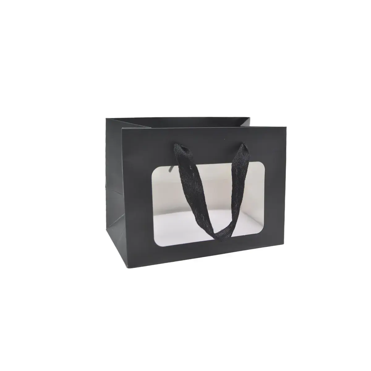Sacs pelliculés noirs mat à fenêtre et poignées cotonnette – 18 x 11 x 13,5 cm - Paquet de 20 - Sacs pelliculés poignées cordelette