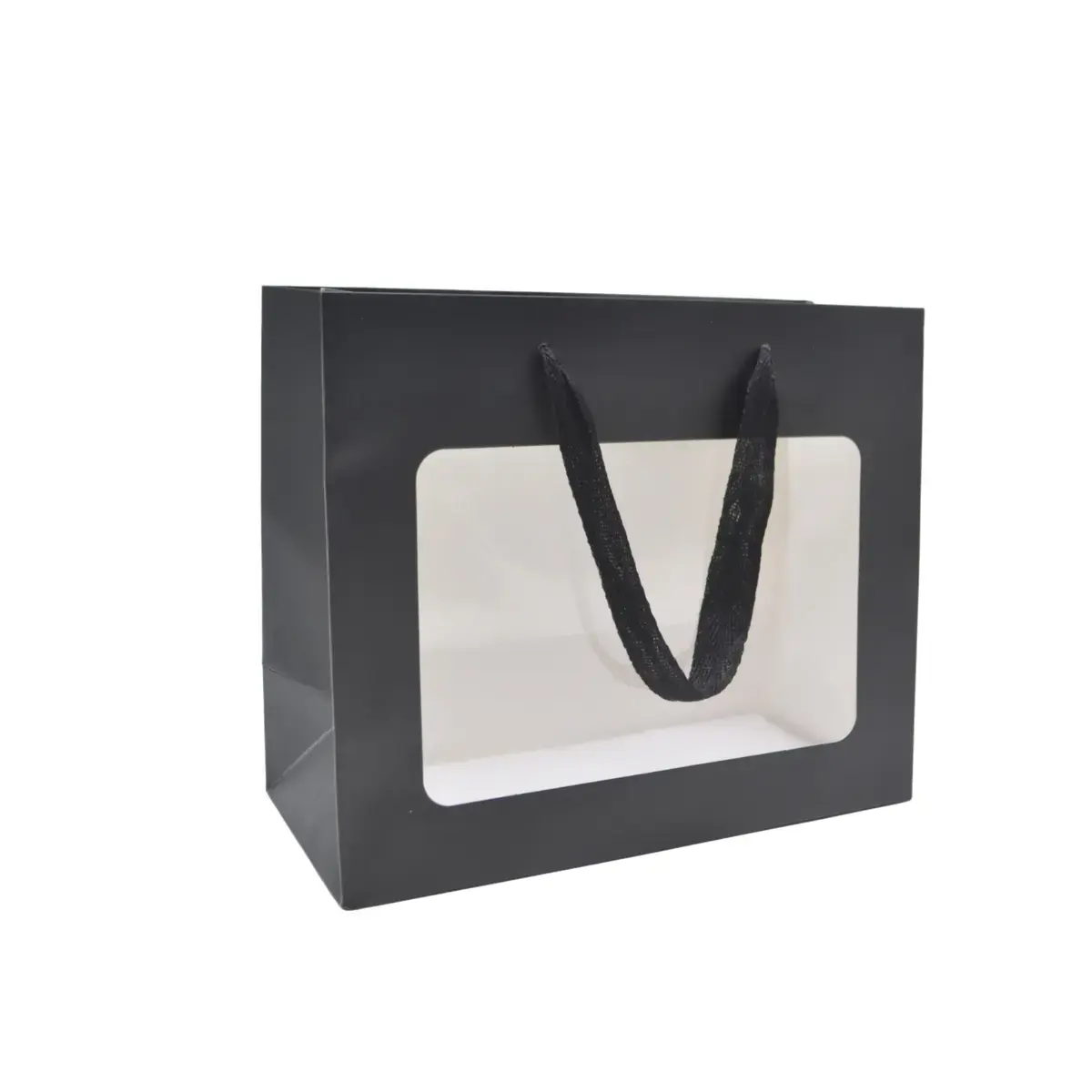 Sacs pelliculés noirs mat à fenêtre et poignées coton – 24 x 11 x 20 cm - Sacs pelliculés poignées cordelette