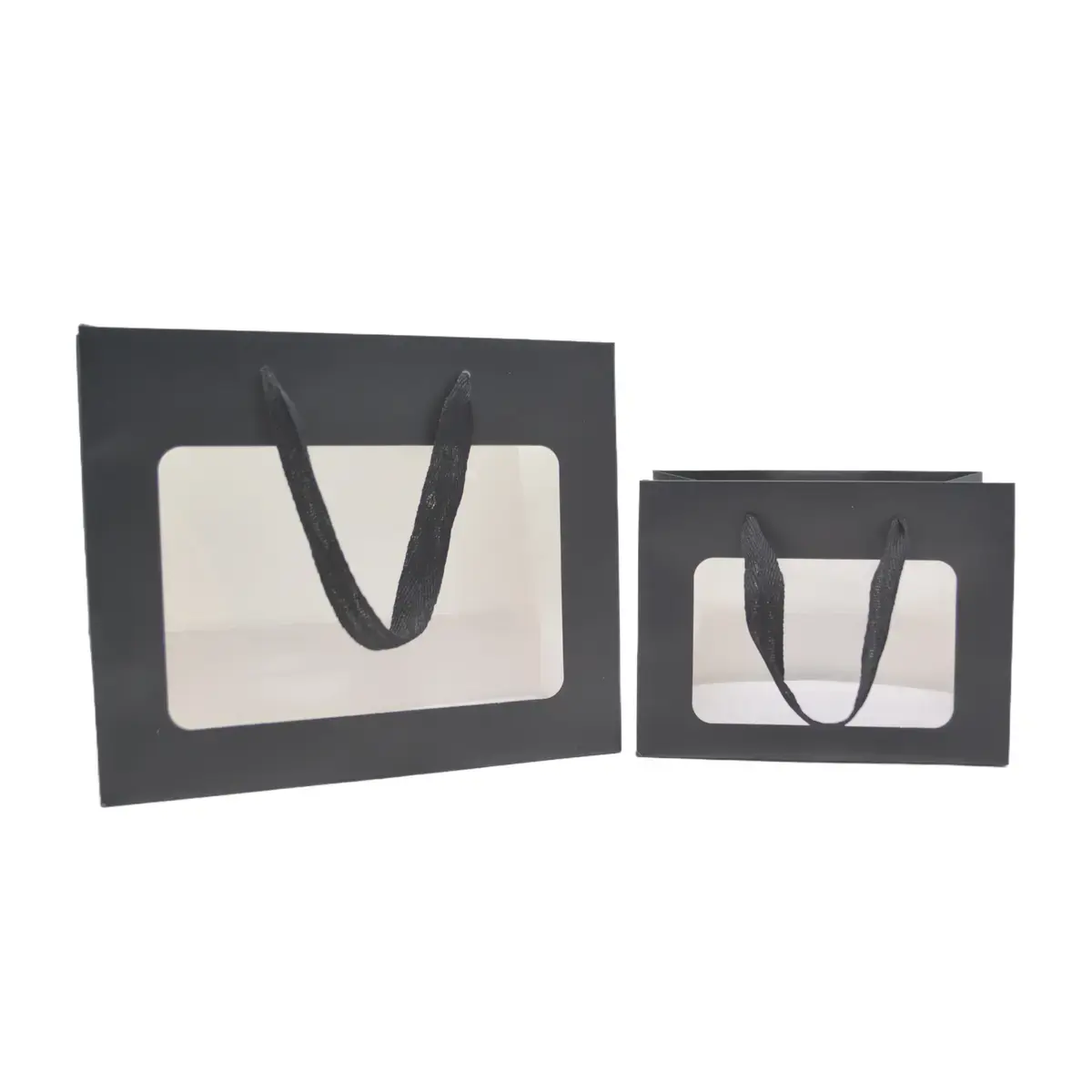 Sacs pelliculés noirs mat à fenêtre et poignées coton – 24 x 11 x 20 cm - Sacs pelliculés poignées cordelette-3
