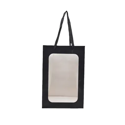 Sacs pelliculés noirs mats à fenêtre et poignées coton – 18 x 13 x 25 cm - Sacs pelliculés poignées cordelette