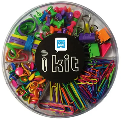 Kit de 6 articles de fixation colorés - Kit punaises, attaches, pinces et élastiques - Pinces et trombones