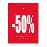 Etiquette à trou -50% rouge/blanc 50x70mm carton 200g - Lot de 250 - Etiquette Soldes - Etiquettes soldes