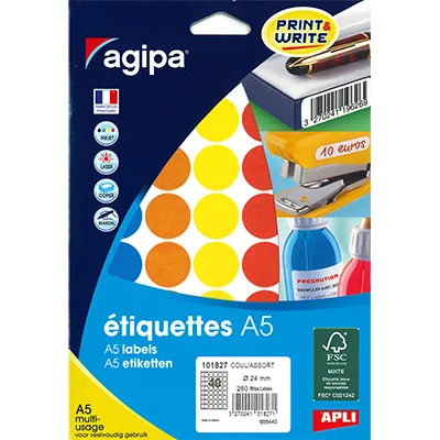 Gommettes rondes adhésives Ø 24mm - 5 couleurs assorties - Paquet de 280 - Pastilles adhésives, Gommettes autocollantes