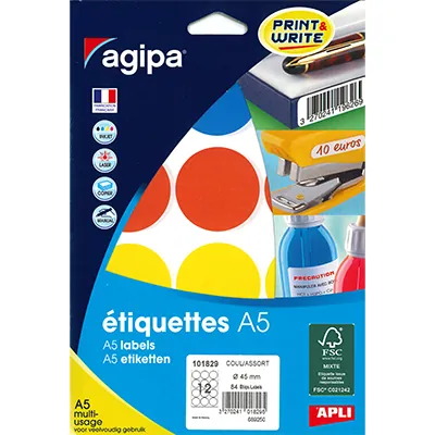 Gommettes rondes adhésives Ø 45mm - 4 couleurs assorties - Paquet de 84 - Pastilles adhésives, Gommettes autocollantes