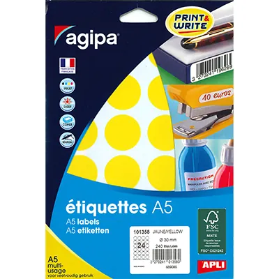 Gommettes rondes adhésives jaunes Ø 30mm - Paquet de 240 - Gommettes de couleur