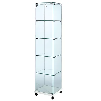 Vitrine colonne verre trempé socle blanc 4 tablettes 38 x 38 x 165 cm sur roulettes – Vitrine d’exposition - Vitrine exposition magasin - Vitrines Bois
