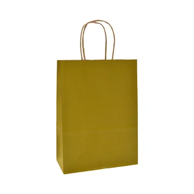 Sac kraft jaune foncé poignées torsadées brunes 16x8x22cm – Paquet de 100 - Sacs kraft couleur poignées torsadées
