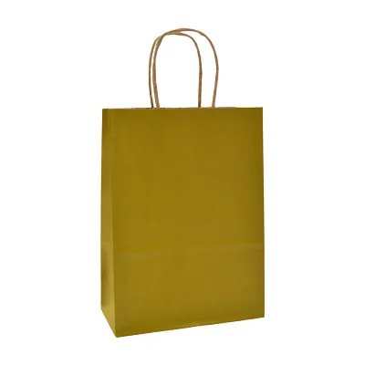 Sac kraft jaune foncé poignées torsadées brunes 22x11x27cm – Paquet de 100 - Sacs kraft couleur poignées torsadées