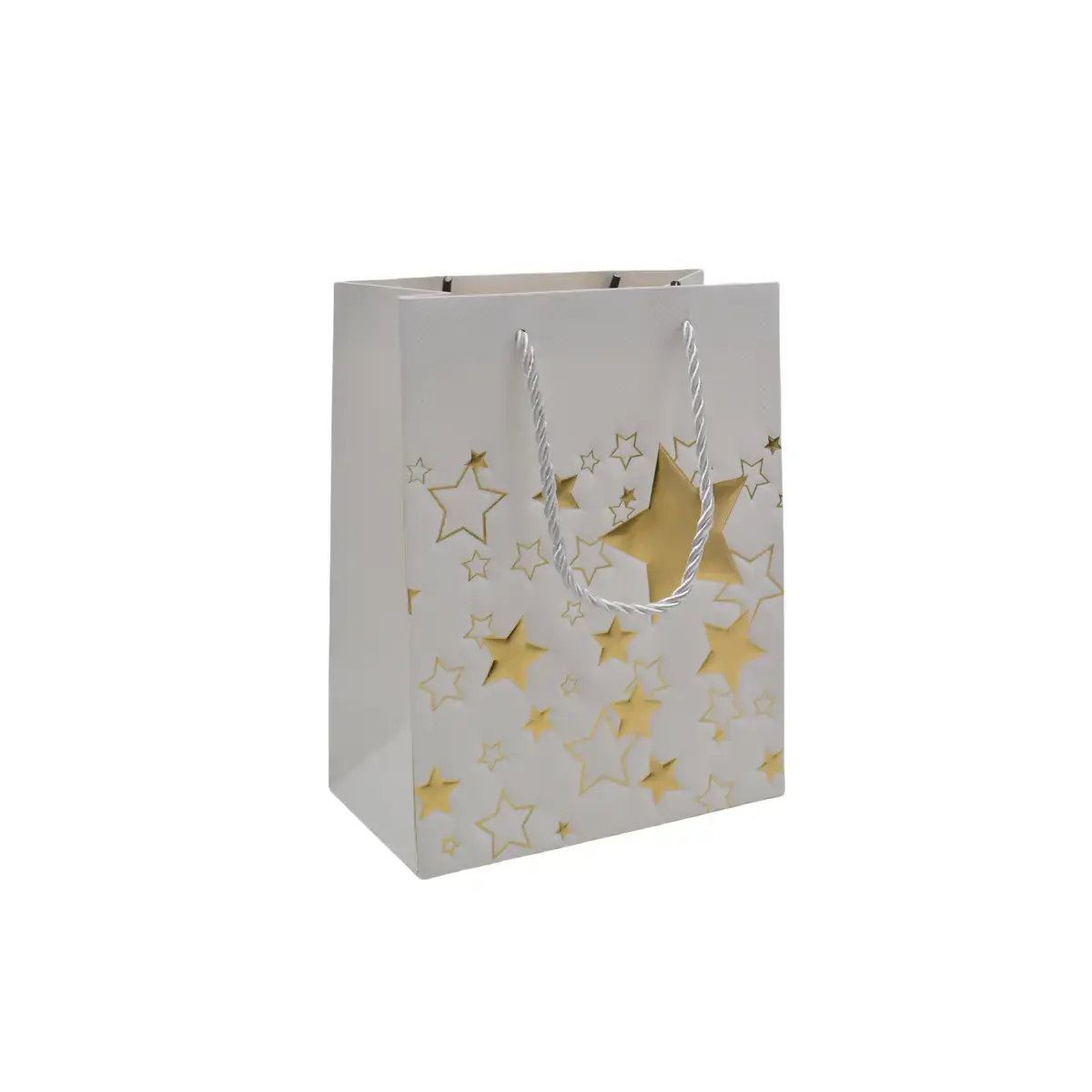 Sacs pelliculés blancs embossés étoiles or poignées cordelette 12+7x15 cm 210g/m² – Paquet de 20 - Sacs pelliculés à motifs
