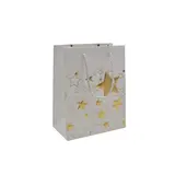 Sacs pelliculés blancs embossés étoiles or poignées cordelette 12+7x15 cm 210g/m² – Paquet de 20 - Sacs pelliculés à motifs