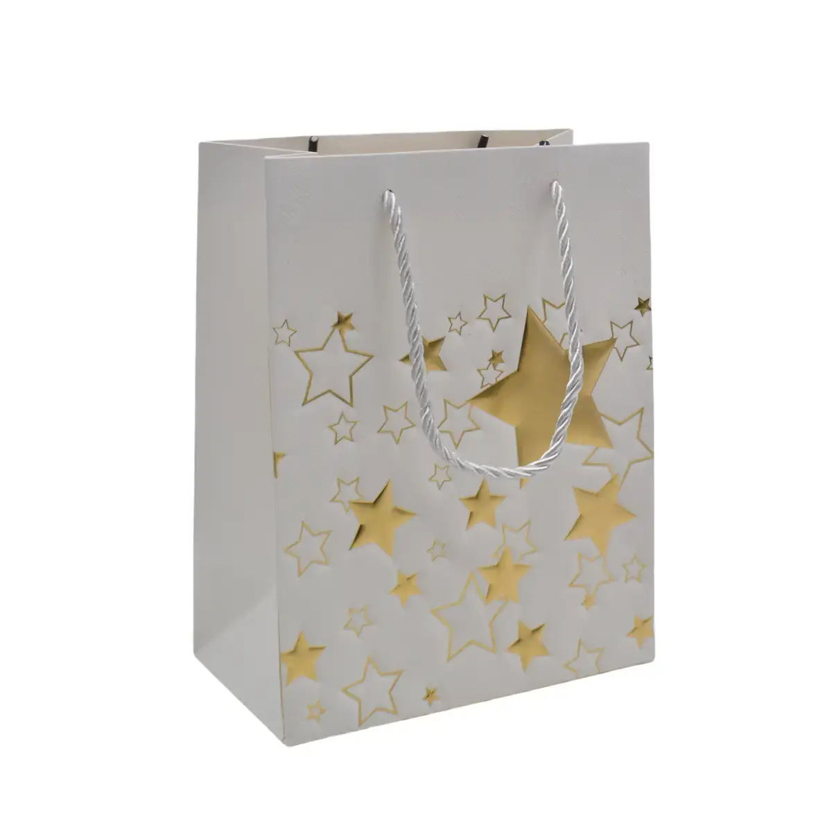 Sacs pelliculés blancs embossés étoiles or poignées cordelette 18+10x23 cm 210g/m² – Paquet de 20 - Sacs pelliculés à motifs