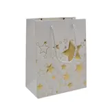Sacs pelliculés blancs embossés étoiles or poignées cordelette 18+10x23 cm 210g/m² – Paquet de 20 - Sacs pelliculés à motifs